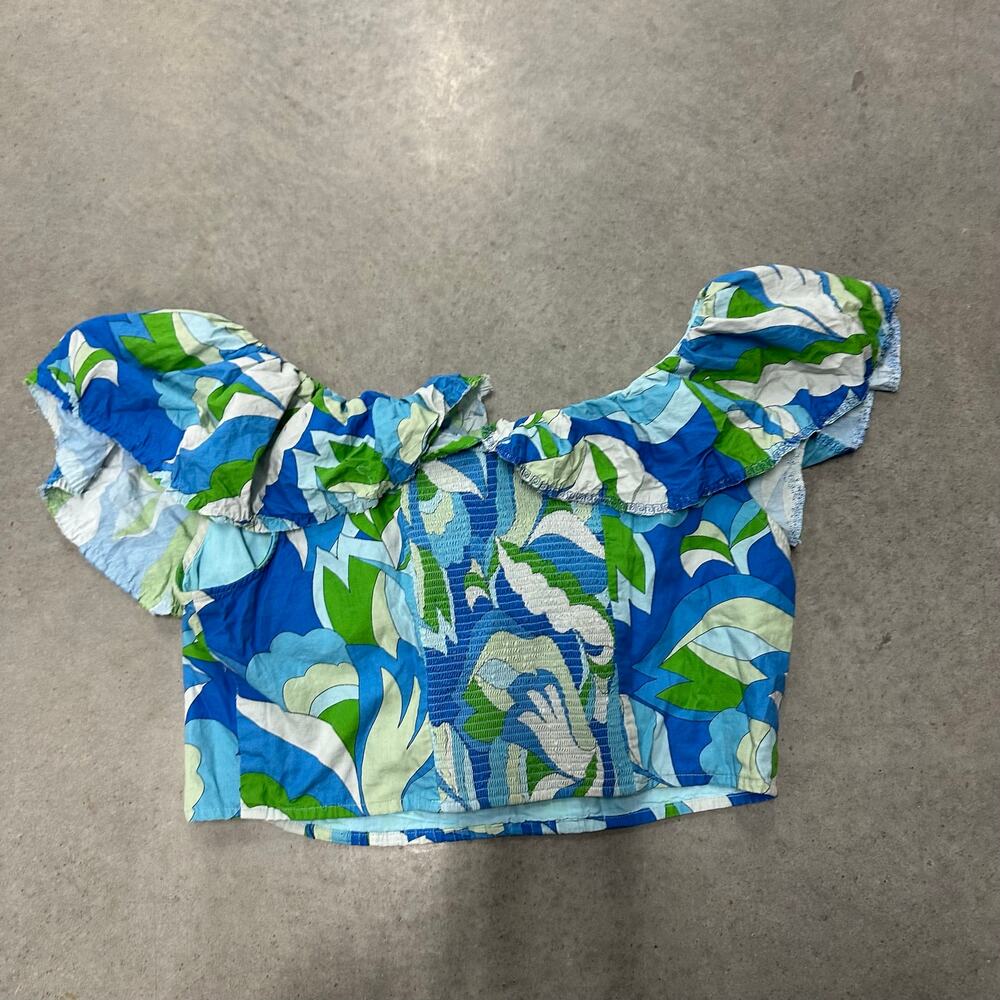 Maeve Anthropologie Ruffle-Sleeve Cropped Blouse Blue Floral Crop Top Size XL - Picture 11 of 11